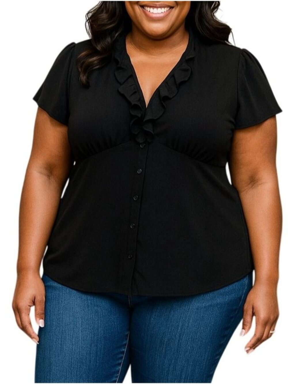 Perceptions Plus Size 2X Blouse Ruffle Button Down Short Sleeve Black Women